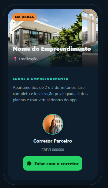 Apresentação do imóvel gerada pelo app, com a marca da incorporadora e o contato do corretor