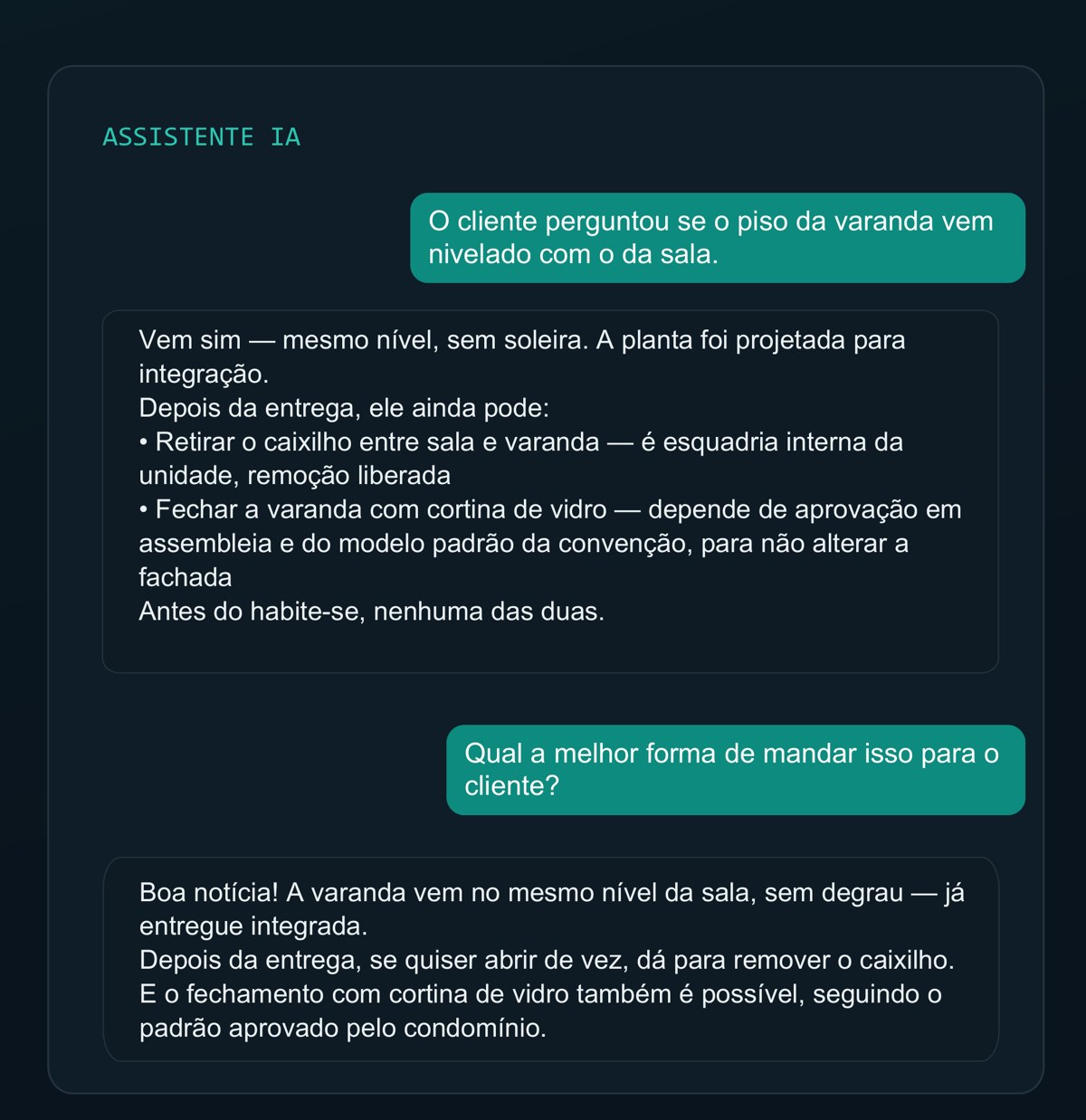 Assistente de IA respondendo a uma dúvida do corretor sobre o empreendimento
